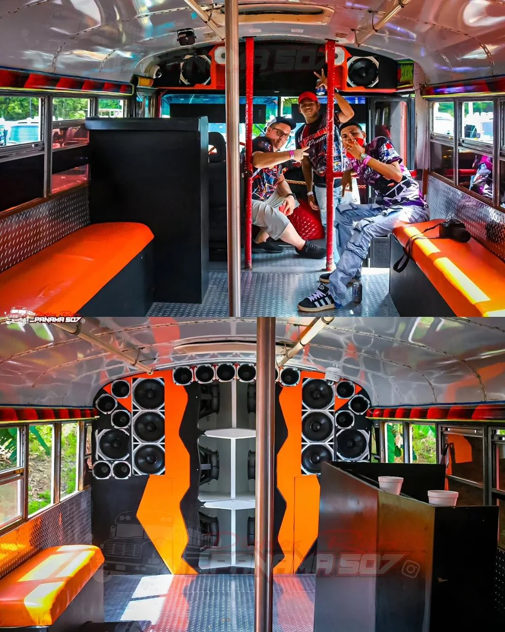 Dos vistas del interior de la chiva, con asientos y equipo de sonido